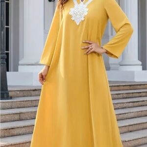 Elegant Yellow Maxi Dress with White Lace Detail